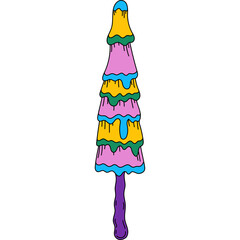 Abstract Melting Ice Cream Cone Shaped Object with Multiple Layers of Pink Yellow Green and Blue Colors on a Purple Stick Against a White Background