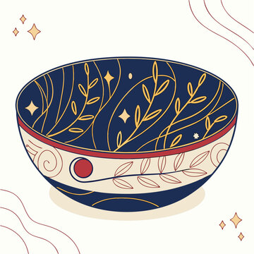 Adobe Illustrator Artwork:  A vector dark blue exterior bowl with a gold celestial and botanical pattern with sea star and leaves theam