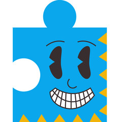 Blue Puzzle Piece Character With Cartoon Face and Yellow Triangle Pattern On Transparent Background