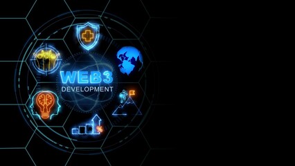 An animated Web3 icon connected to a futuristic website development graphic. finance, and banking using blockchain and artificial intelligence - Ai, IoT
