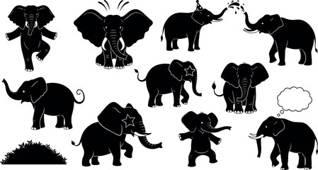 Elephant, silhouette, cartoon, playful, animal, circus, pose, trunk, party hat, star, baby, thought bubble, fun, entertainment, black, white, whimsical, character, activity, standing, expression