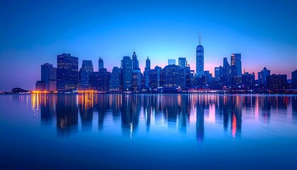 Panorámica de ciudad moderna al atardecer con reflejos en el agua y tonos azules