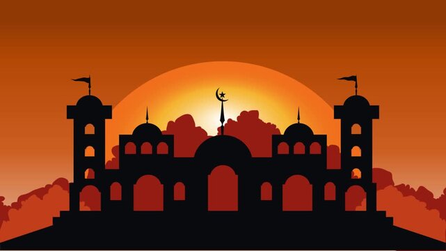 muslim background. silhouette of mosque on sunset animation