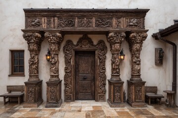 Fototapeta premium Ornate wooden doorway with carved pillars and architectural detail.
