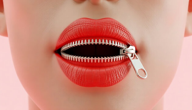 Compelling zipped lip concept symbolizes secrets, silence, or censorship