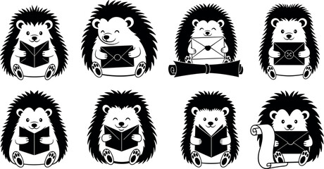 Hedgehog, cartoon, silhouette, book, envelope, scroll, reading, document, character, animal, cute, black, white, whimsical, communication, seated, illustration, 