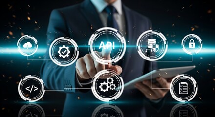 API Hologram Interface with Gears, Database Shield and Lock Icons