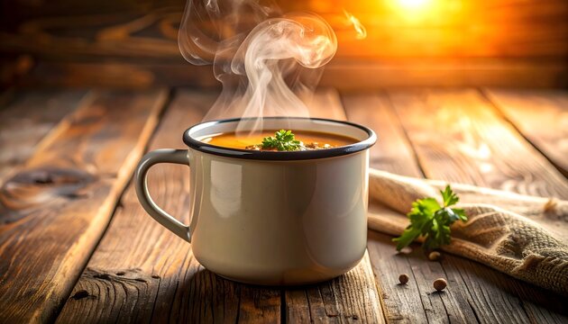 Taza esmaltada con sopa caliente sobre mesa de madera iluminada por luz c&aacute;lida