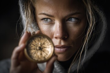 Determined woman explorer holding vintage brass compass focus adventure navigation close-up intense blue eyes discovery hoodie journey travel exploration wanderlust