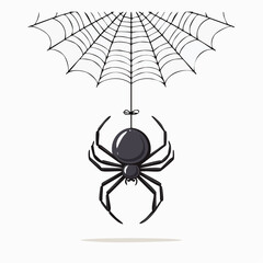 Glossy black cartoon spider with eight legs hanging from a classic fan-shaped spiderweb illustration.