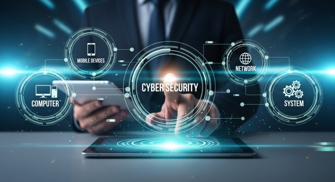 Cyber Security HUD — Finger Touching CYBER SECURITY Wordmark with Computer and Network Icons