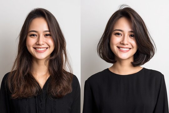 Asian woman showing haircut transformation from long hair to modern short bob style