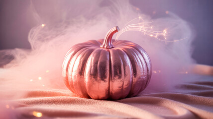  A shiny pink pumpkin glowing in soft mist with sparkles and metallic texture, pastel Halloween background
