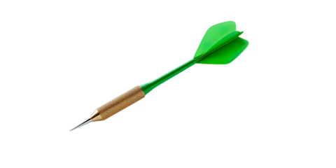 Transparent Png of a Single Green feathered Dart, with a Detailed Gold textured Barrel and Sharp Silver Tip, Ready for Precision Aiming