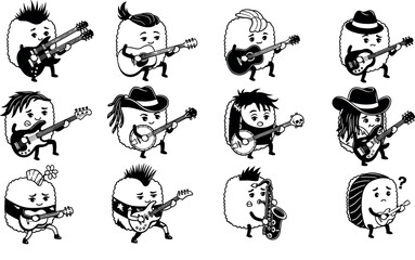 Naklejka premium Sushi musician characters, cartoon rice ball band, musical food illustration, kawaii style, vector art, jazz, rock, punk, country, fun