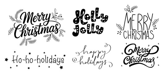 Black and white Christmas typography set featuring festive holiday quotes and lettering. Minimalist calligraphy and modern font designs for cards, prints, and seasonal decor