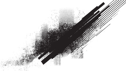 Abstract black graphic elements with distressed textures and linear patterns on a white background.