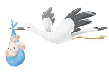 Watercolor illustration with a stork and a baby rabbit isolated.