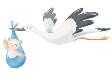 Watercolor illustration with a stork and teddy bear isolated.