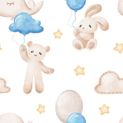 Watercolor pattern of toys and balloon isolated. Illustration of teddy bear and rabbit.