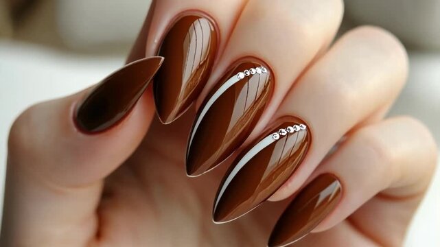 Elegant brown nail design highlighting gems and sleek lines for a polished look