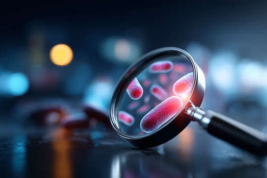 A magnifying glass is used to look at a close up of a red cell