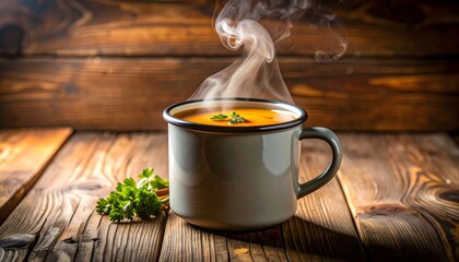 Taza metálica con sopa caliente humeante sobre mesa de madera © EBG Stock Studio