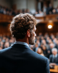 Fototapeta premium A man in a suit stands in front of a crowd