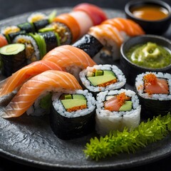 Plato de sushi variado con nigiris y makis sobre fondo oscuro
