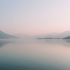 Fototapeta premium Serene lake reflecting soft pastel sky and distant misty mountains at dawn
