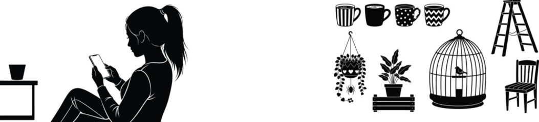 Black and white vector art of indoor home decor elements