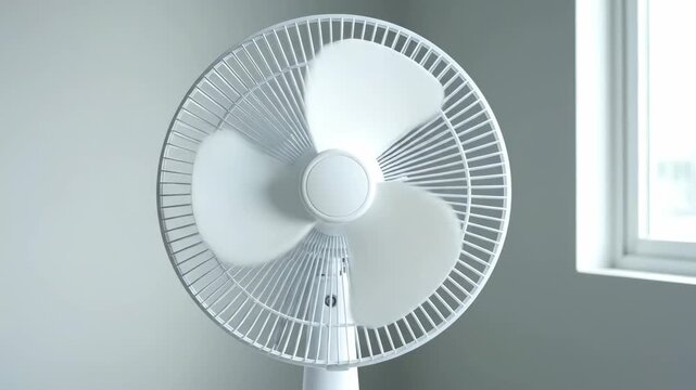 Broken white fan with stationary blades next to a window, home appliance malfunction concept footage