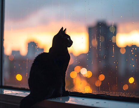 Gato mirando por la ventana en una tarde lluviosa con luces de ciudad