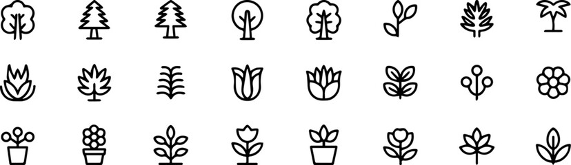Minimal Botanical Line Icons Set – Trees, Flowers, Leaves, Potted Plants Collection