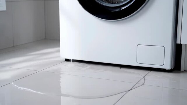 Water leaking from a white washing machine onto a tile floor, showing a household appliance malfunction, footage