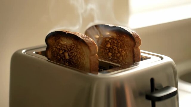 Burnt toast smoking in a broken toaster, showing a common household appliance malfunction footage