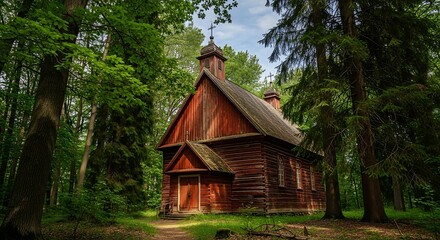 Rustic Wooden Church in a Lush Forest Setting.