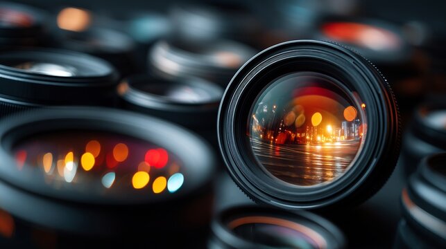 Photography Lens Array Reflecting City Lights: Close-up Shot of Optics Equipment and Abstract Urban Scene