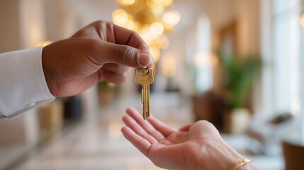 Beautiful golden key transfer in a bright hotel lobby