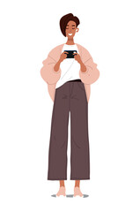 Smiling young person holding smartphone. Flat vector illustration isolated on white background. Communication and social media concept.
