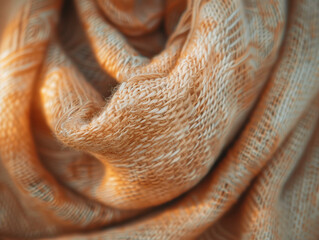 Ultra-detailed macro photo of a scarf, showing soft fabric texture, fine threads, and natural light that highlights folds and weave elegantly.