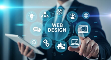 Web Design Interface with Laptop Pencil, Mobile Devices and Team Icons