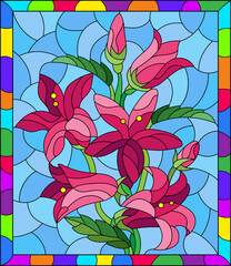 An illustration in the style of a stained glass window with a composition of flowers on a blue background in a frame