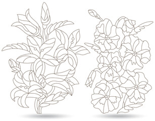 Fototapeta premium A set of contour illustrations in the style of stained glass with abstract flowers, dark outlines on a white background