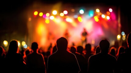 A vibrant concert scene with silhouettes of an audience enjoying a live performance, illuminated by colorful stage lights.