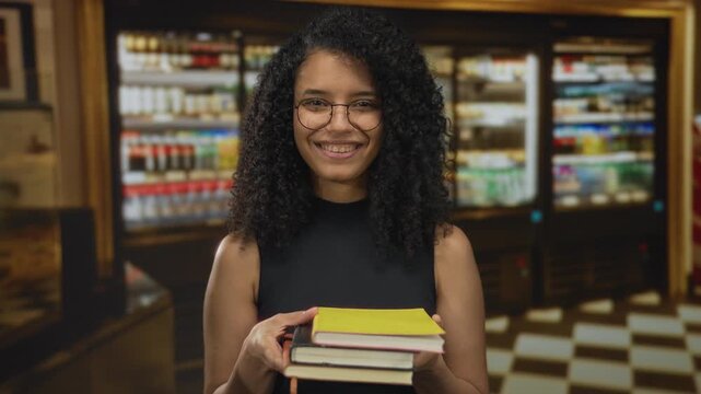 Woman smiling indoors holding books in hotel lobby with bookshelves in background showcasing a young hispanic latin female enjoying her reading time.