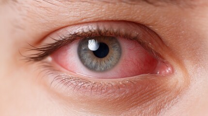 A close-up reveals a red and irritated eye, showing signs of discomfort. The details emphasize the contrast of the iris and the affected area, drawing attention to the irritation