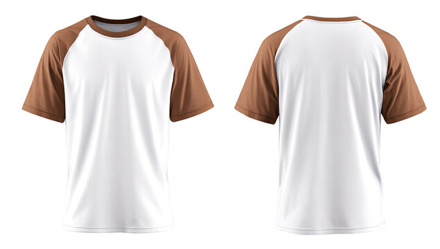 White t-shirt with brown raglan sleeves, front and back views