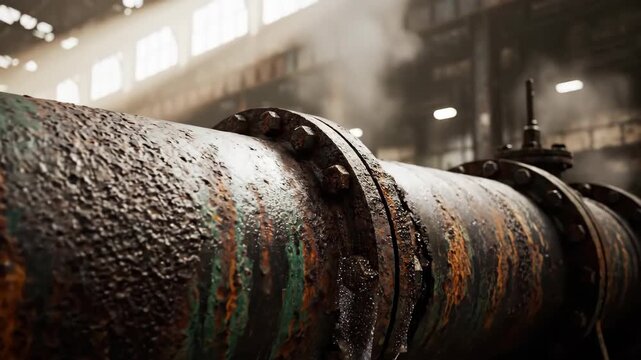 Close-up of a large rusty industrial pipe leaking in an old factory. Steam rises in a gritty, atmospheric plant with aging infrastructure. Industrial decay and pollution concept