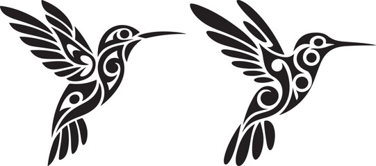 Tribal style hummingbird silhouette in flight with ornate swirling patterns